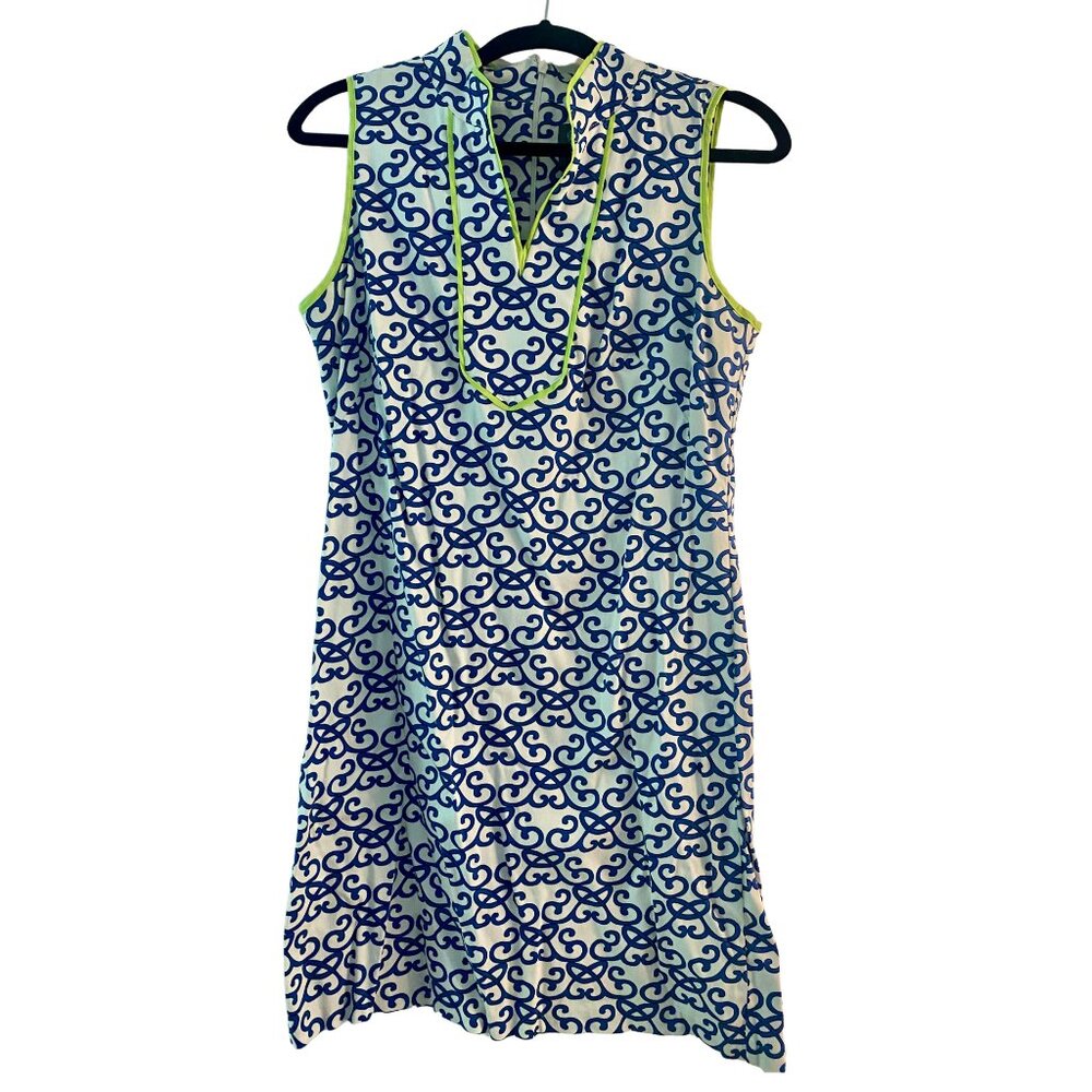 Vince Camuto White/Blue Neon Filigree Sleeveless Shift Dress